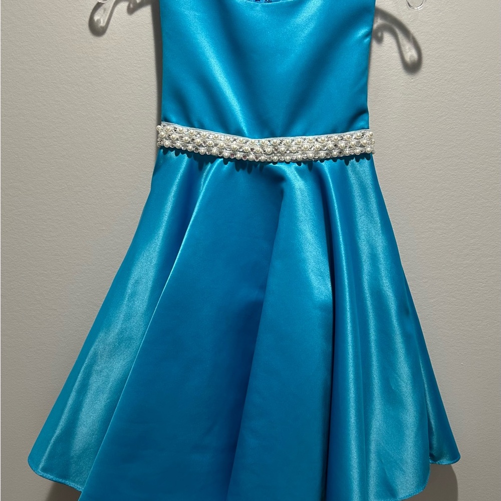 Elegant Blue Satin Style Dress with Pearl Belt